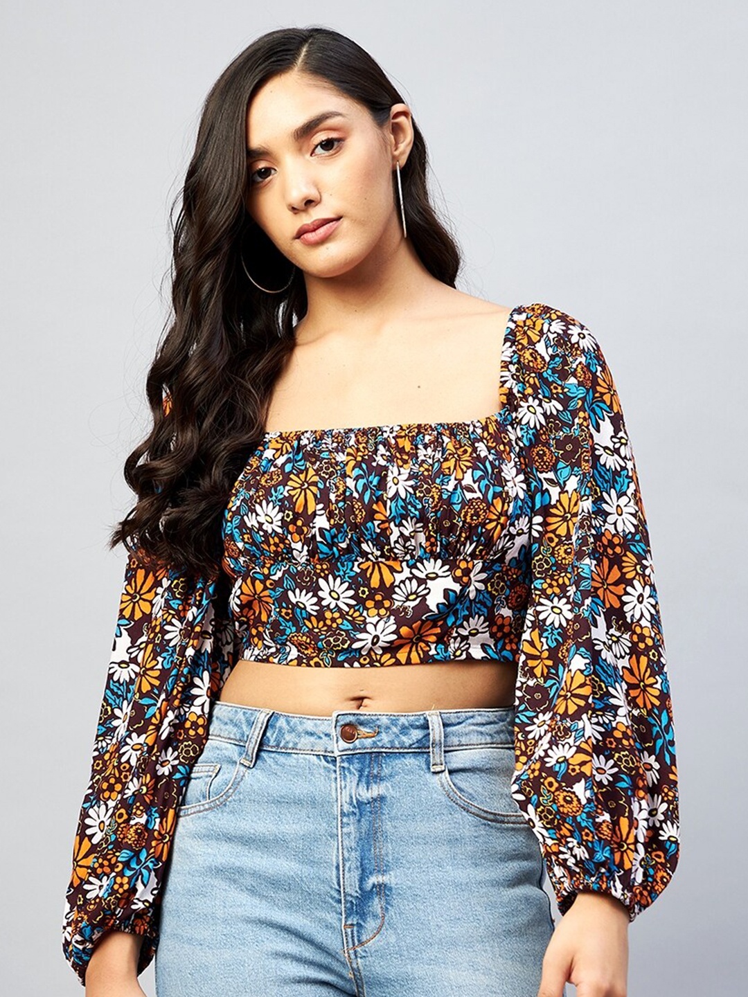 

DELAN Brown Floral Print Bishop Sleeves Crop Top