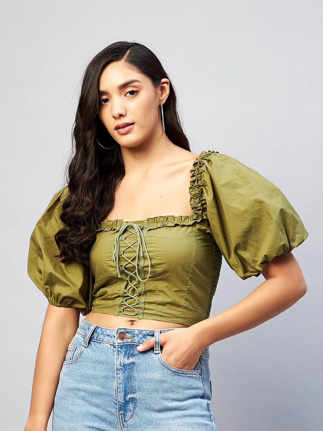 

DELAN Women Olive Green Solid Crop Top