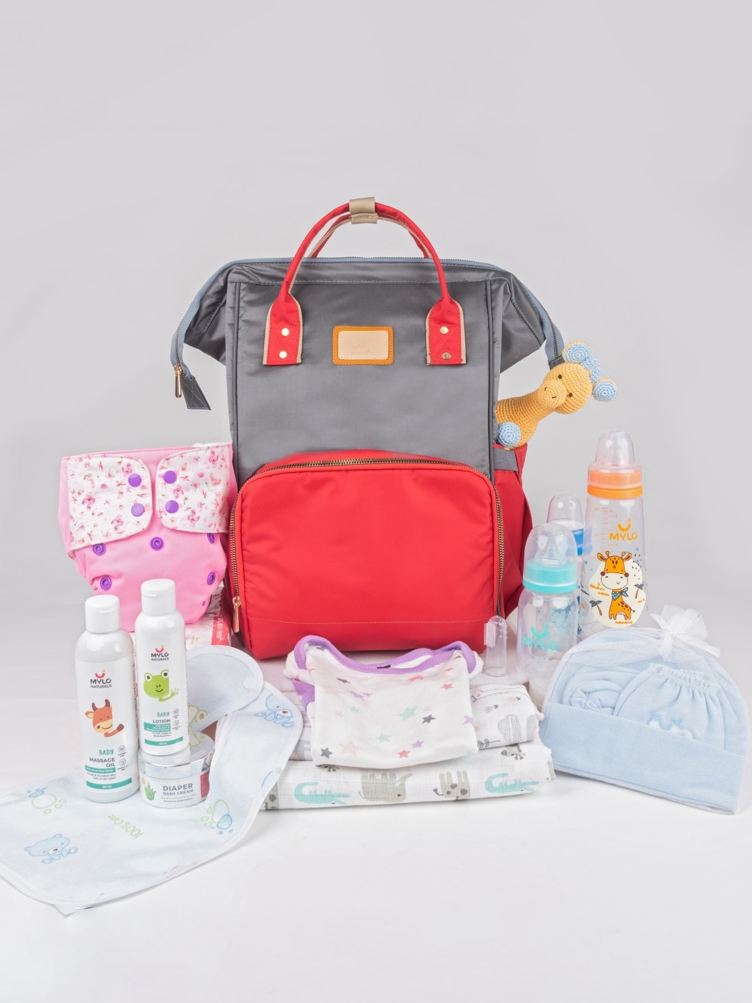 

Mylo Kids Grey & Red Water-Resistant Diaper Backpack with Free Diaper Pouch