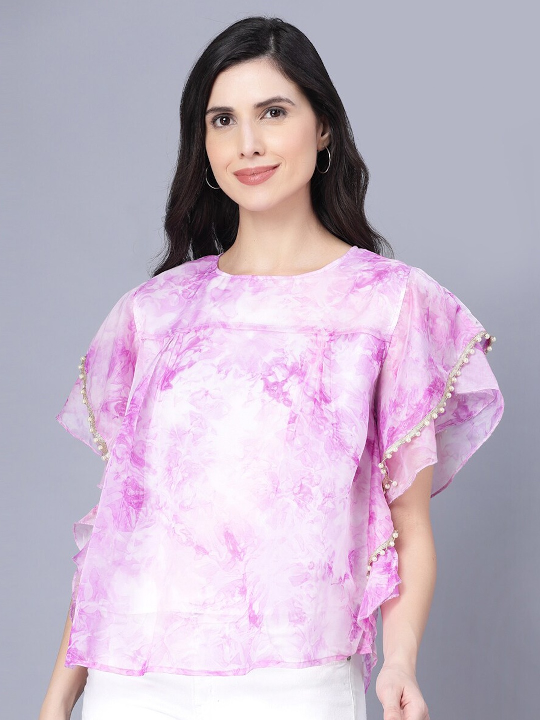 

Myshka Pink Tie and Dye Print Organza Top