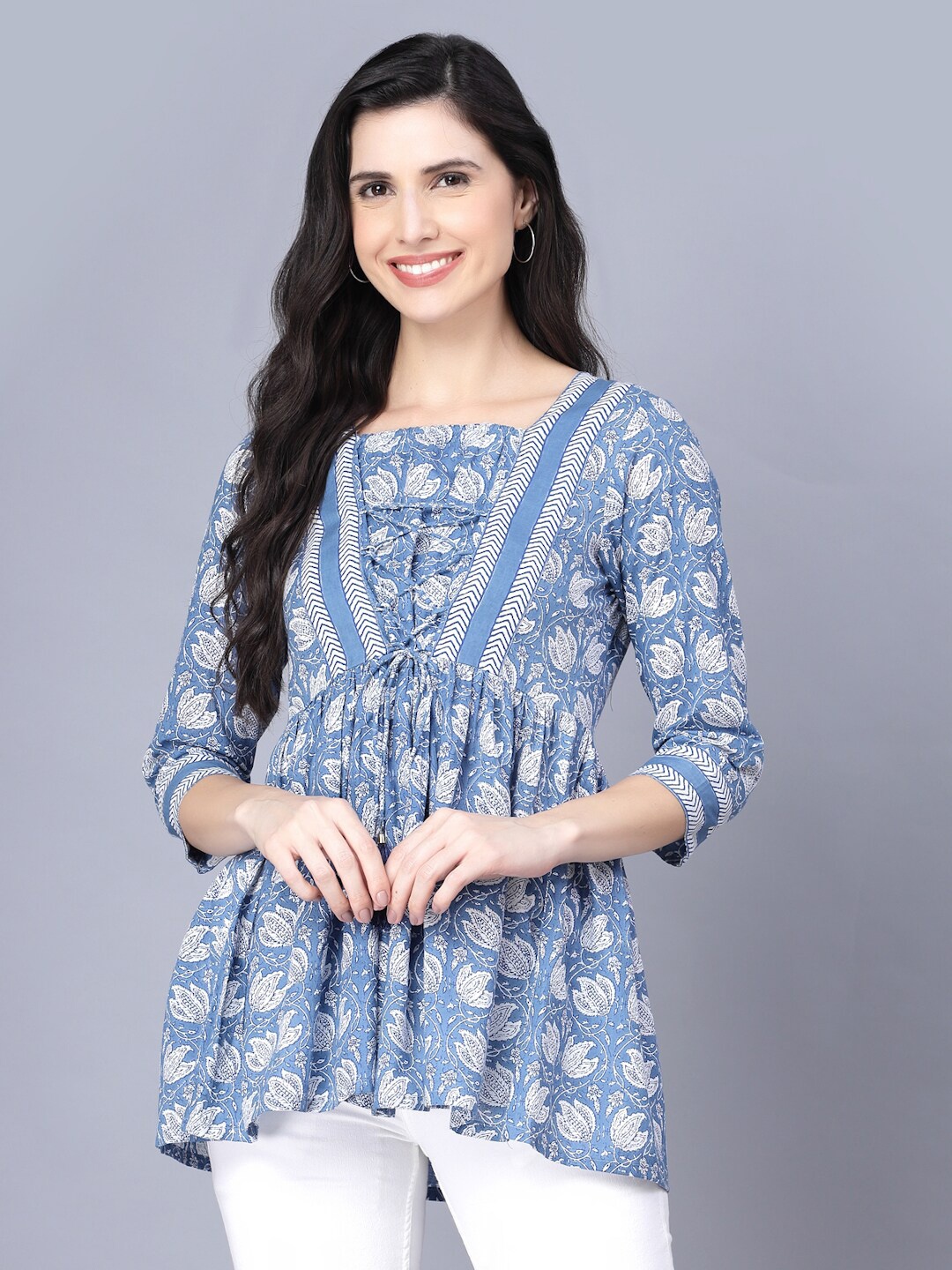 

Myshka Blue Print Empire Top