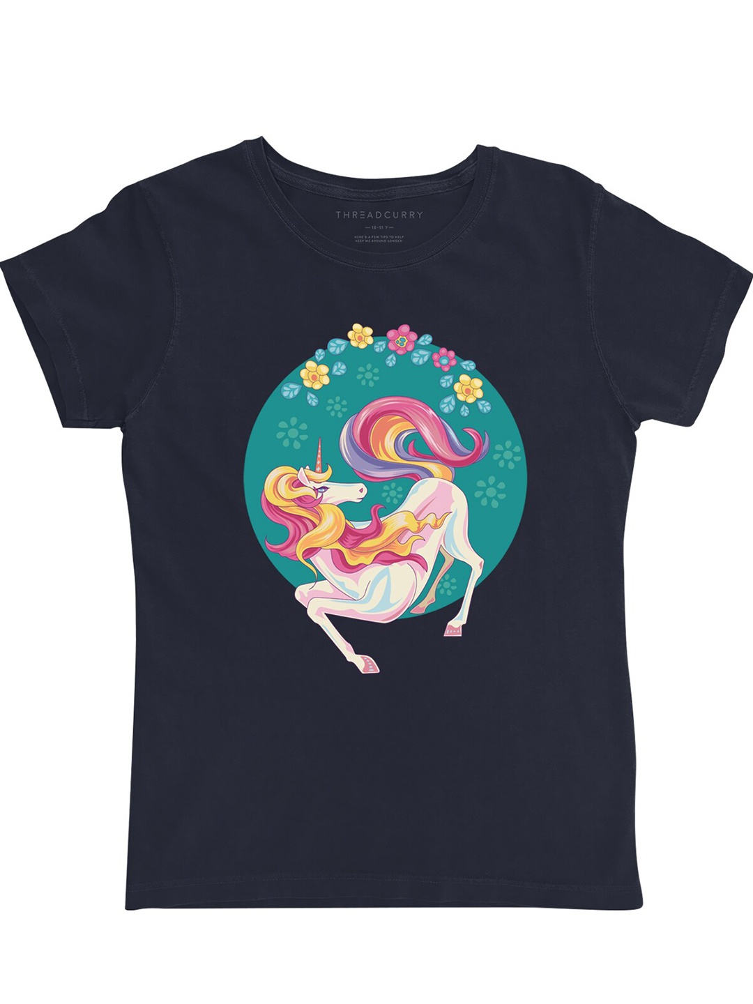 

THREADCURRY Girls Navy Blue Unicorn Printed T-shirt