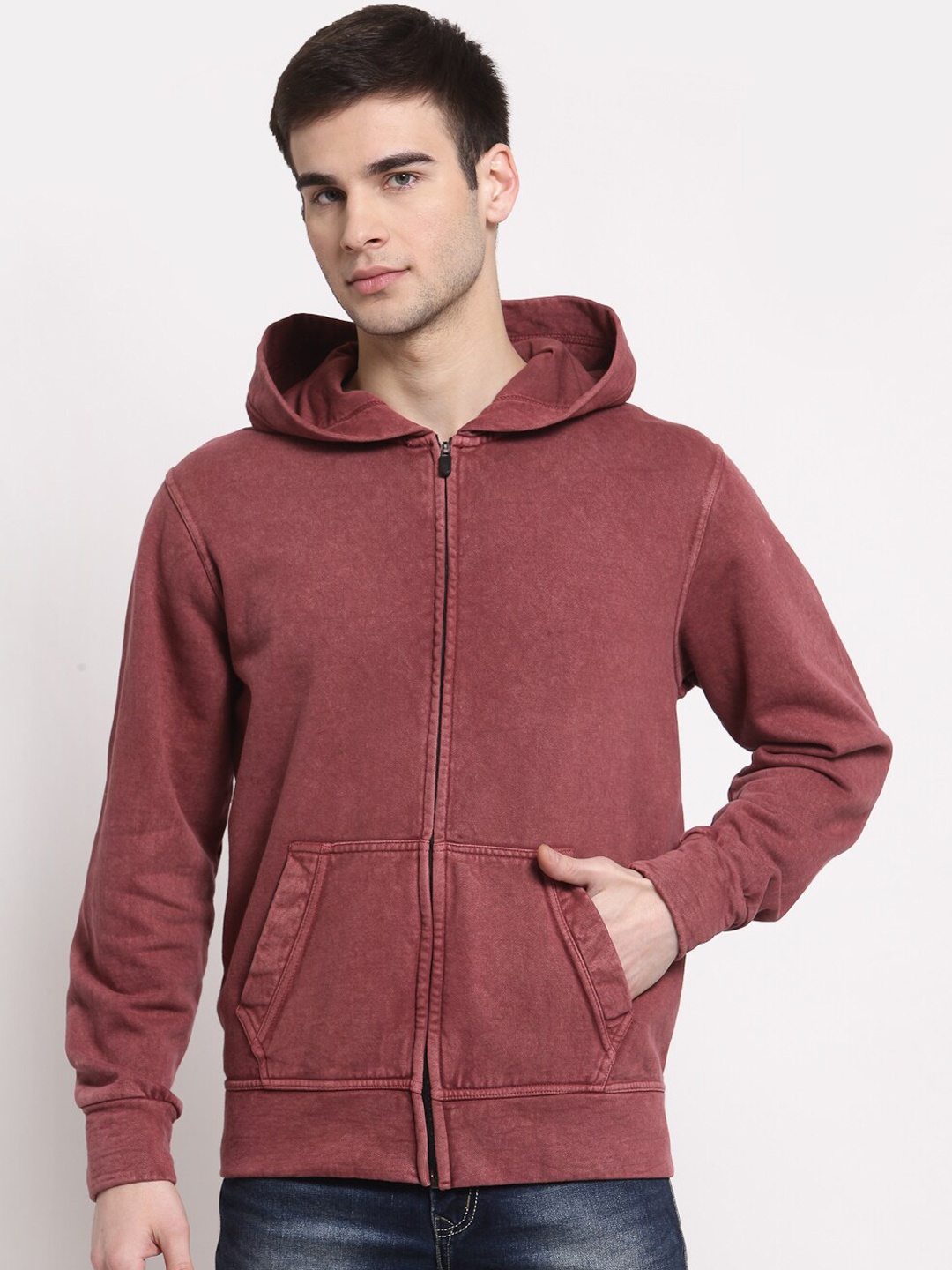 

YOONOY Men Maroon Acid Wash Front Open Stretchable Hooded Jacket