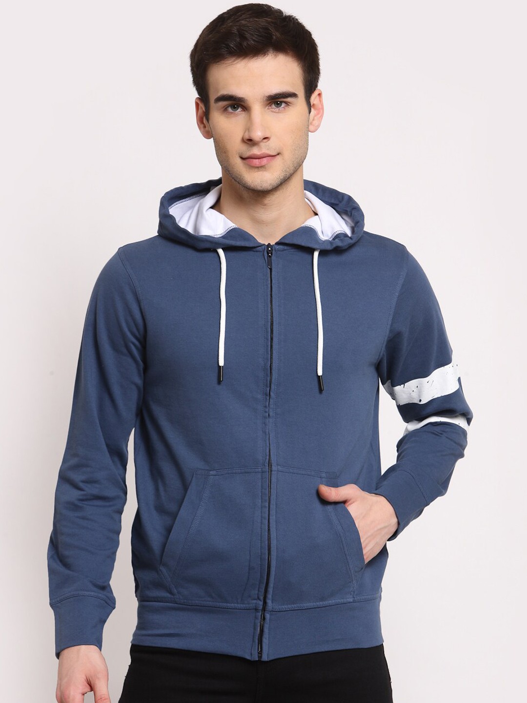 

YOONOY Men Blue Sleeve Print Front Zipped Jacket