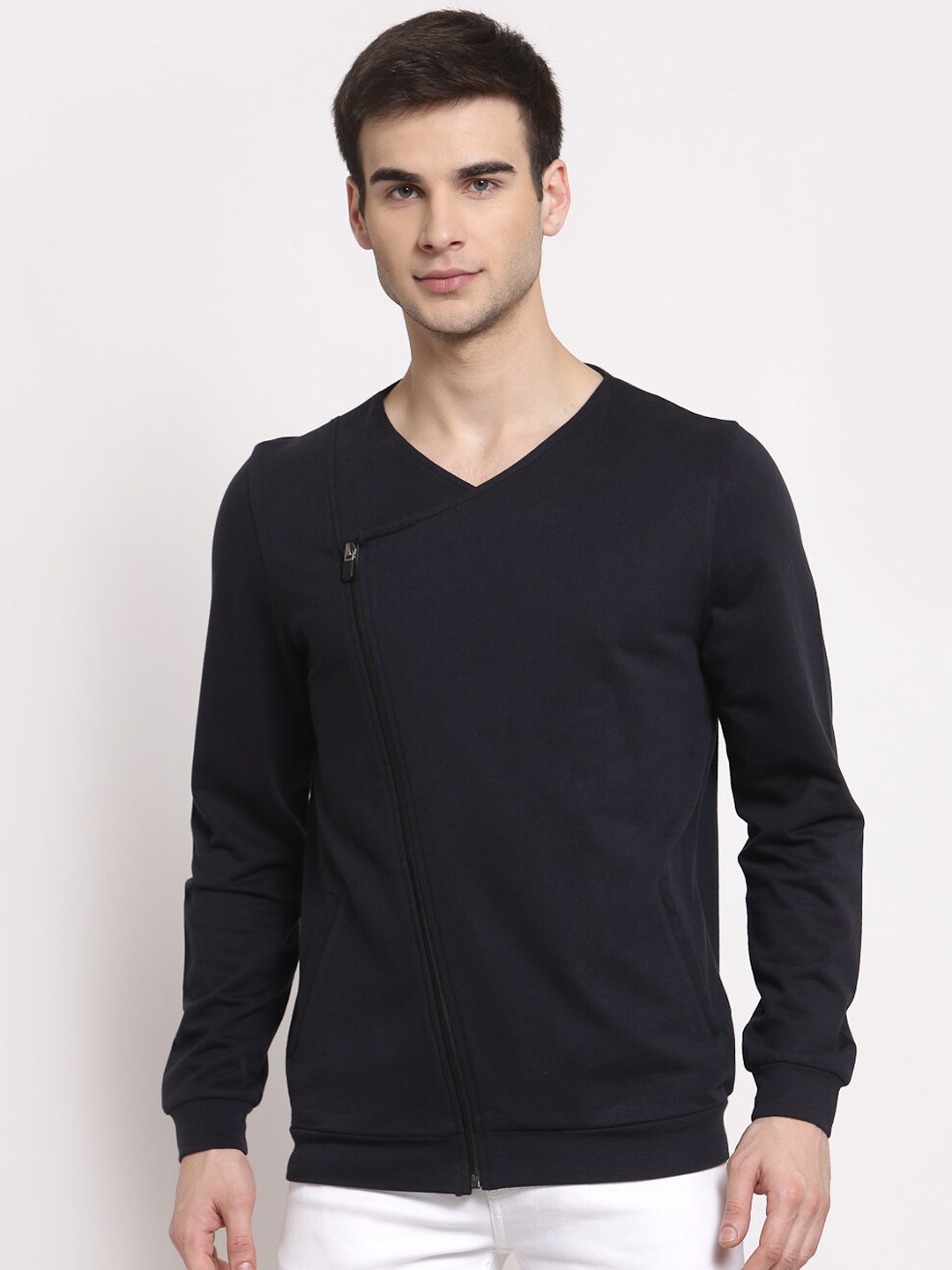 

YOONOY Men Navy Blue Front Zipped Open Biker Jacket