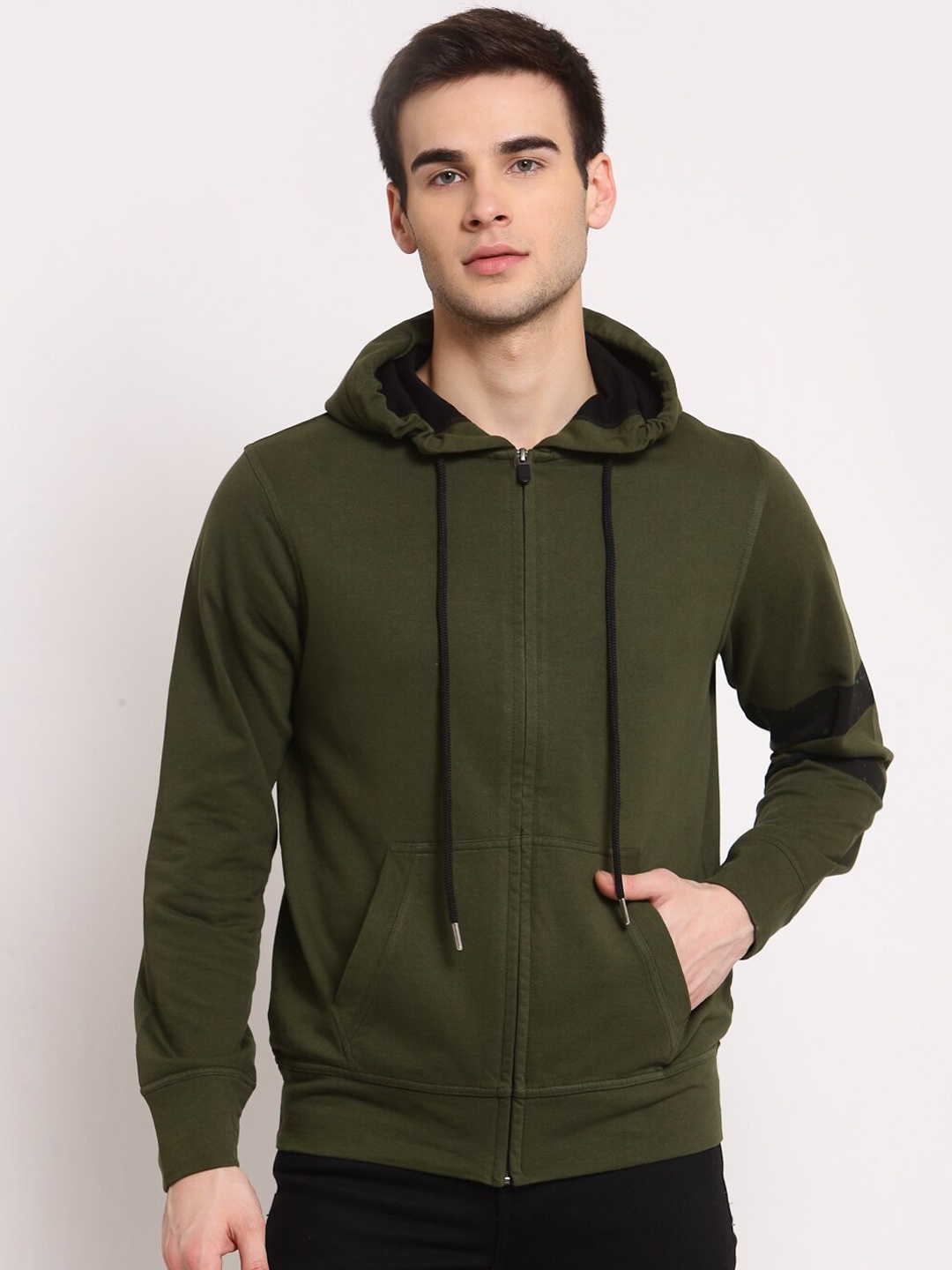 

YOONOY Men Green Sleeve Print Front Zipped Jacket