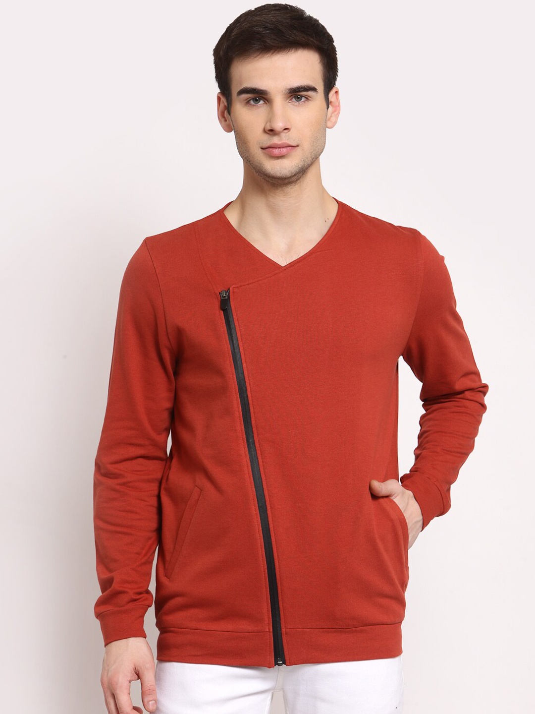 

YOONOY Men Rust Orange Front Zipped Open Biker Jacket