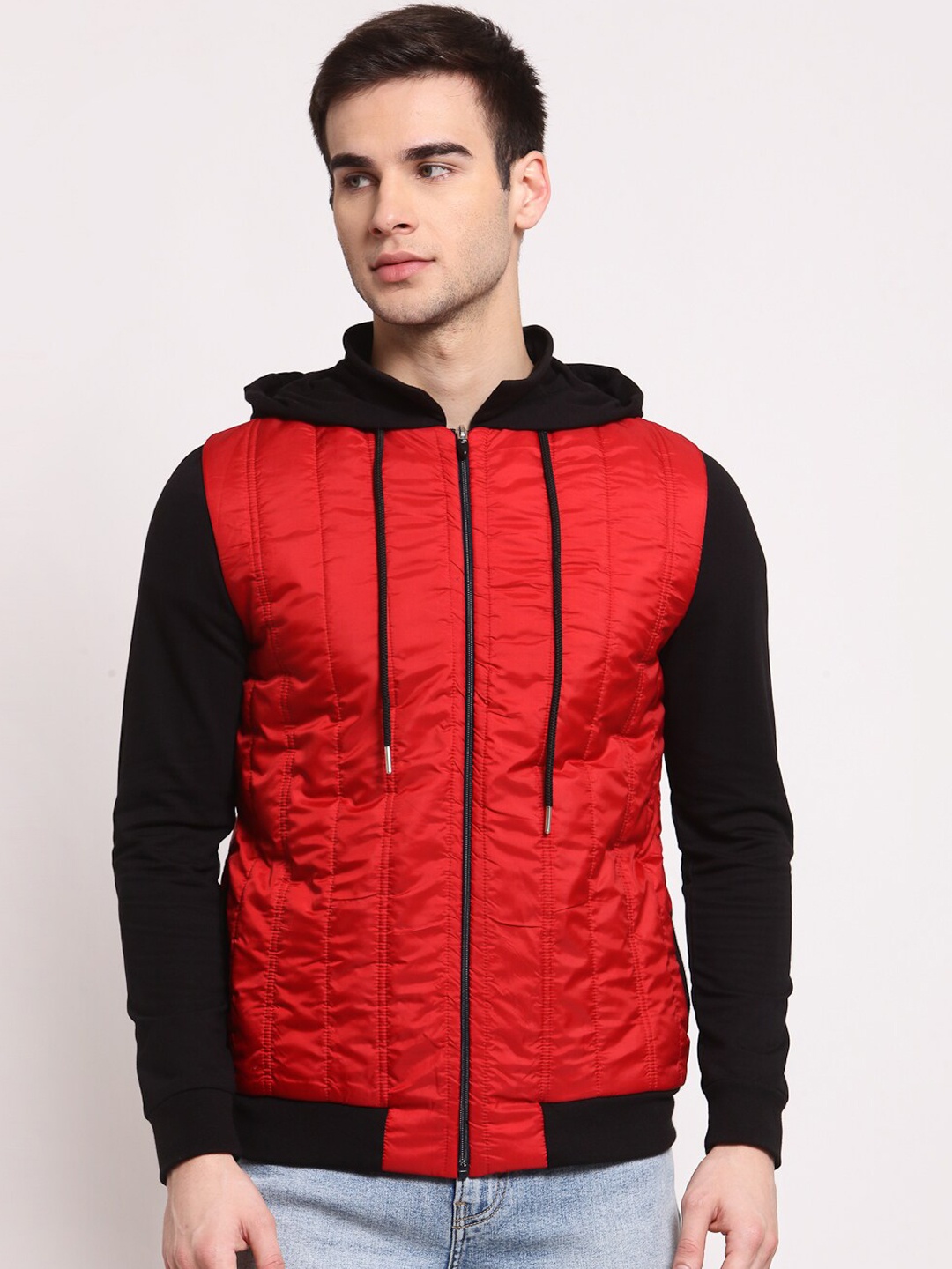

YOONOY Men Red Black Colourblocked Quilted Puffer Jacket With Contrast Hood