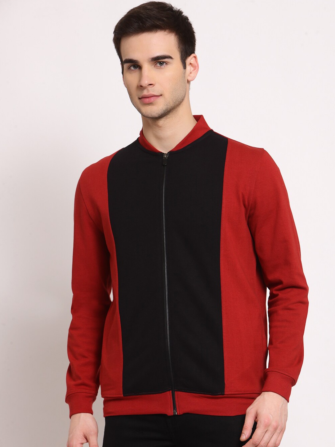 

YOONOY Men Red & Black Colorblock Bomber Jacket With Side Pockets