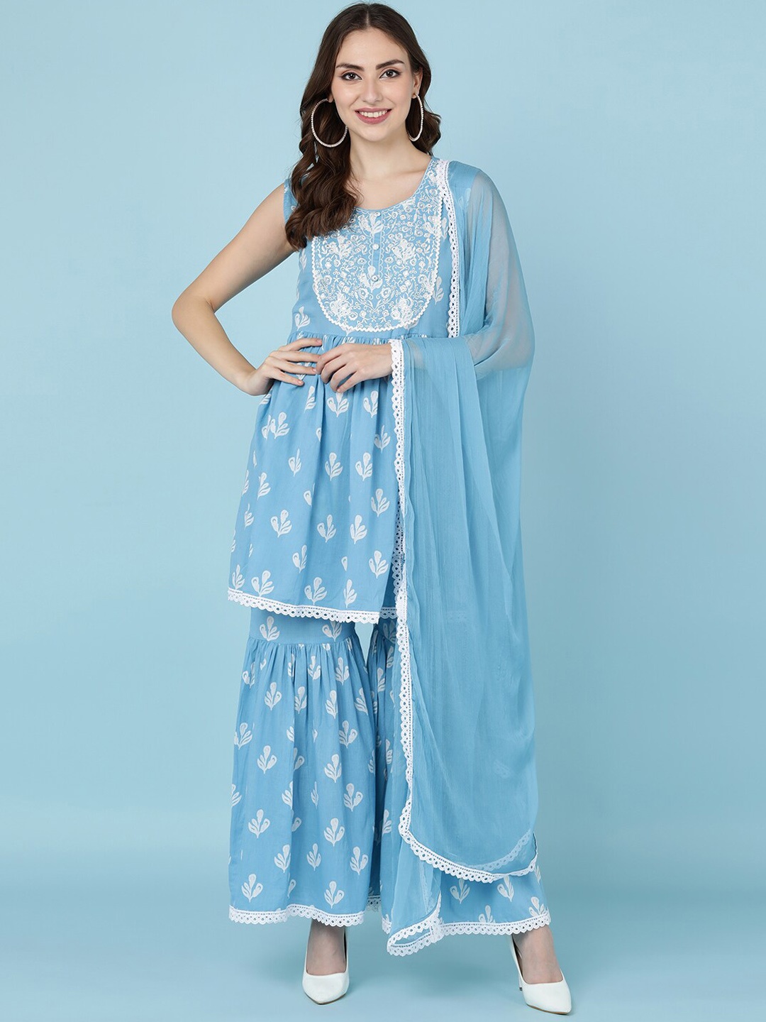 

JAIPUR PRIME Women Blue Floral Embroidered Pleated Pure Cotton Kurti with Sharara & With Dupatta