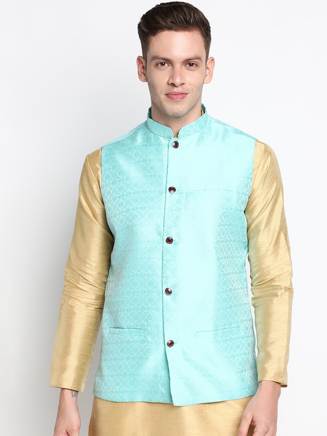 

DEVOILER Men Blue Printed Woven Nehru Jackets