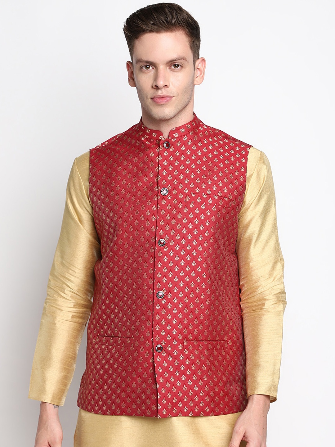 

DEVOILER Men Red & Golden Woven Design Nehru Jackets