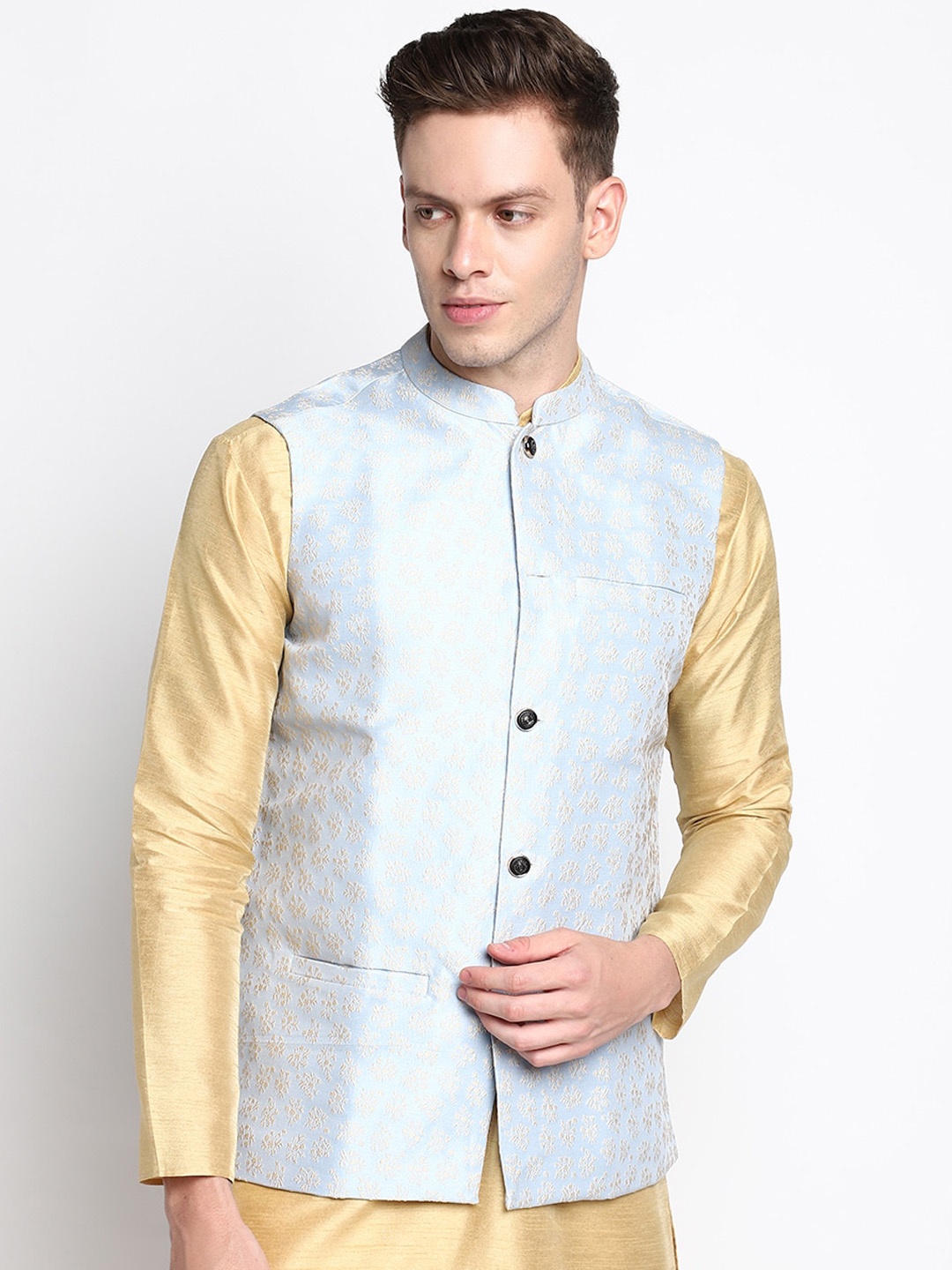 

DEVOILER Men Blue Embriodered Woven Nehru Jacket