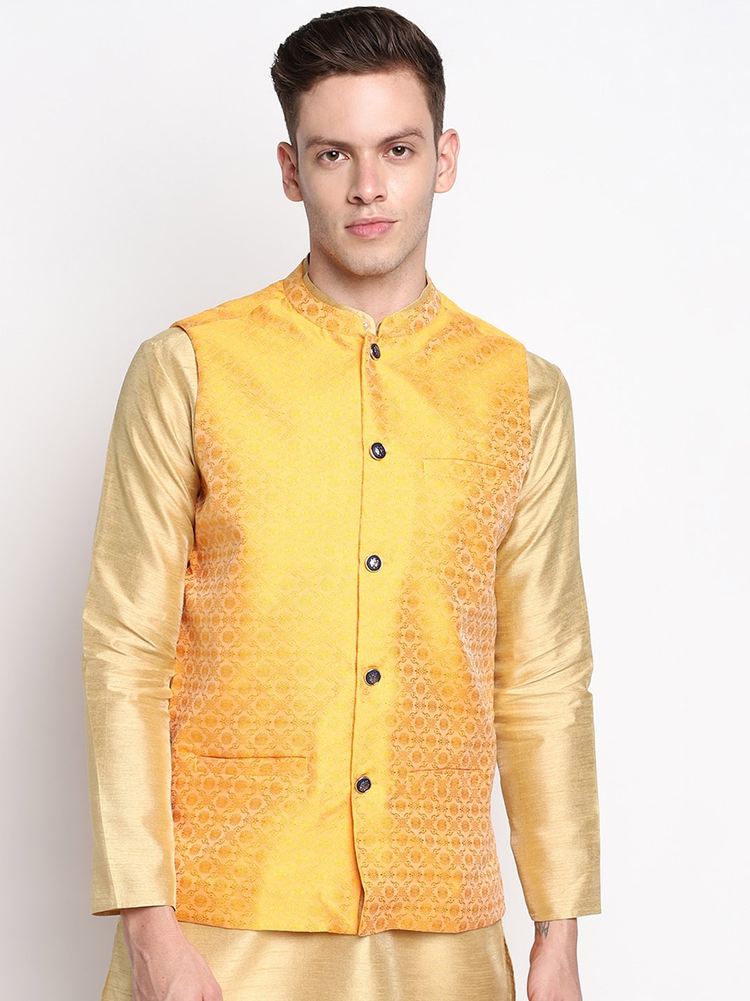 

DEVOILER Men Gold & Yellow Woven Design Embellished Nehru Jackets