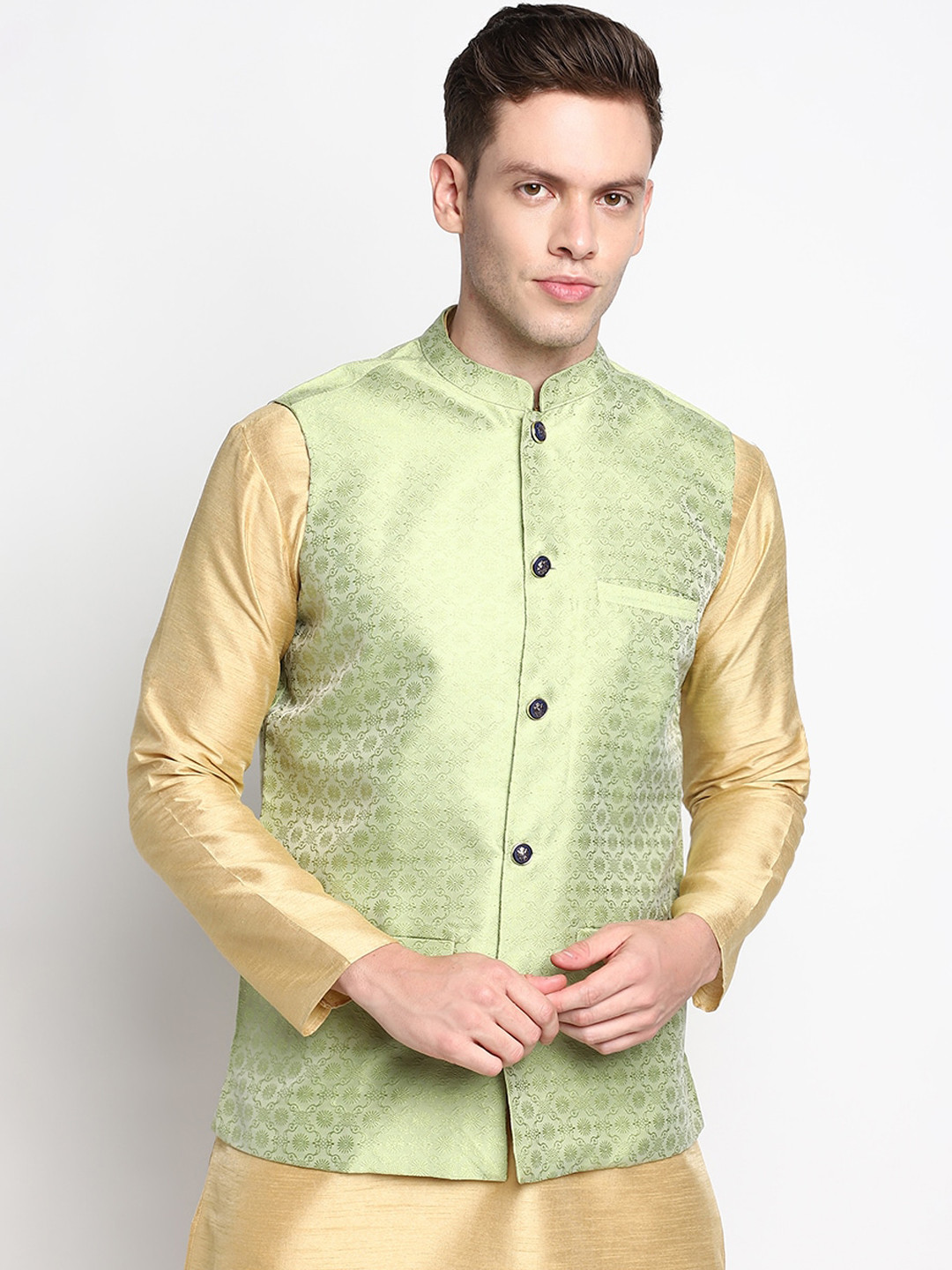 

DEVOILER Men Green Floral Embroidered Woven Nehru Jackets