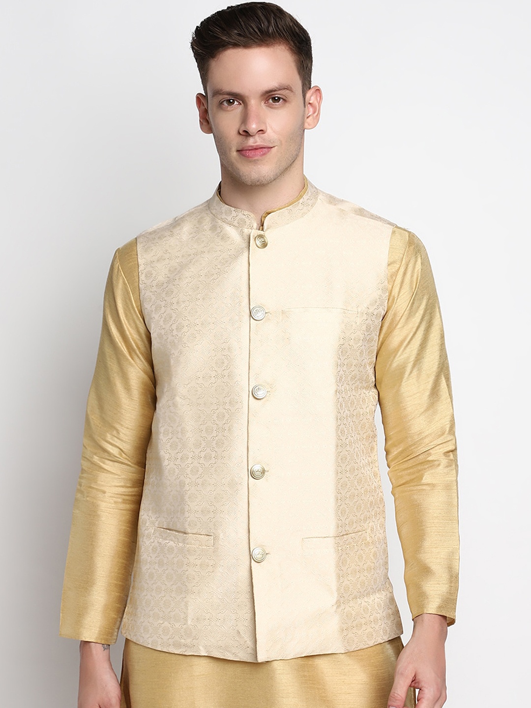 

DEVOILER Men Gold- Coloured Woven Design Nehru Jacket