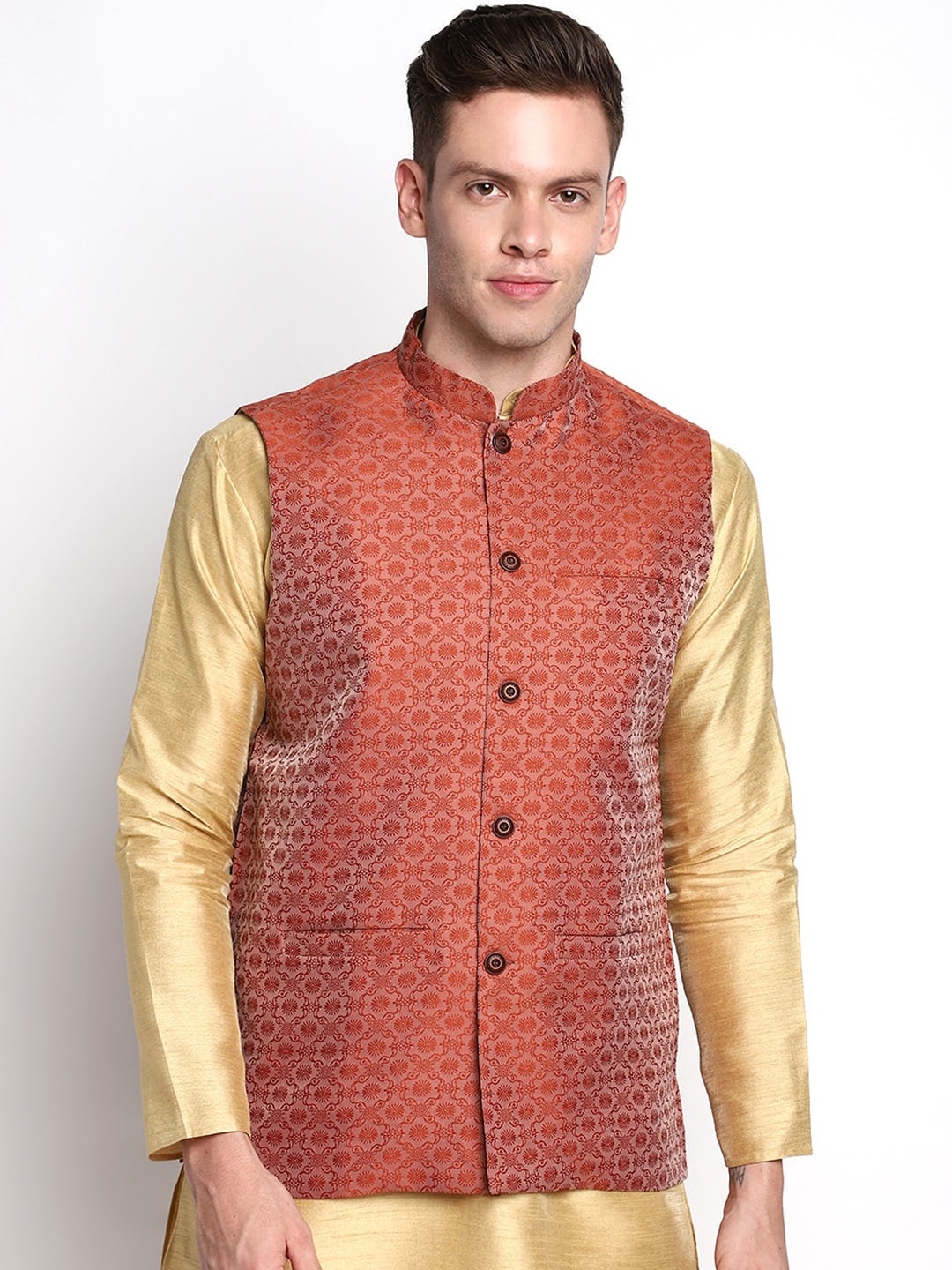 

DEVOILER Men Red Embriodered Floral Design Nehru Jacket