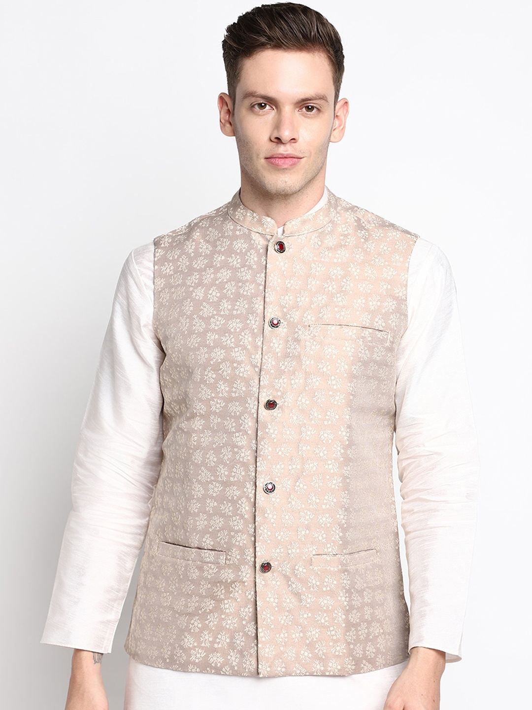

DEVOILER Men Beige & White Embroidered Nehru Jackets