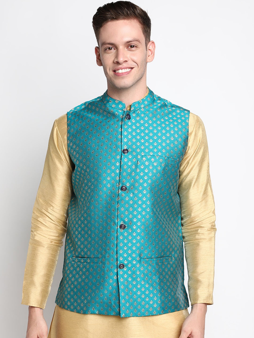 

DEVOILER Men Turquoise-Blue Woven-Design Nehru Jacket