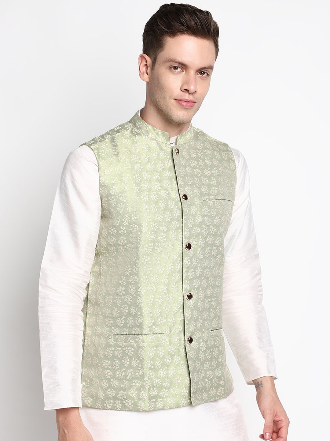 

DEVOILER Men Green Coloured Woven Design Nehru Jacket