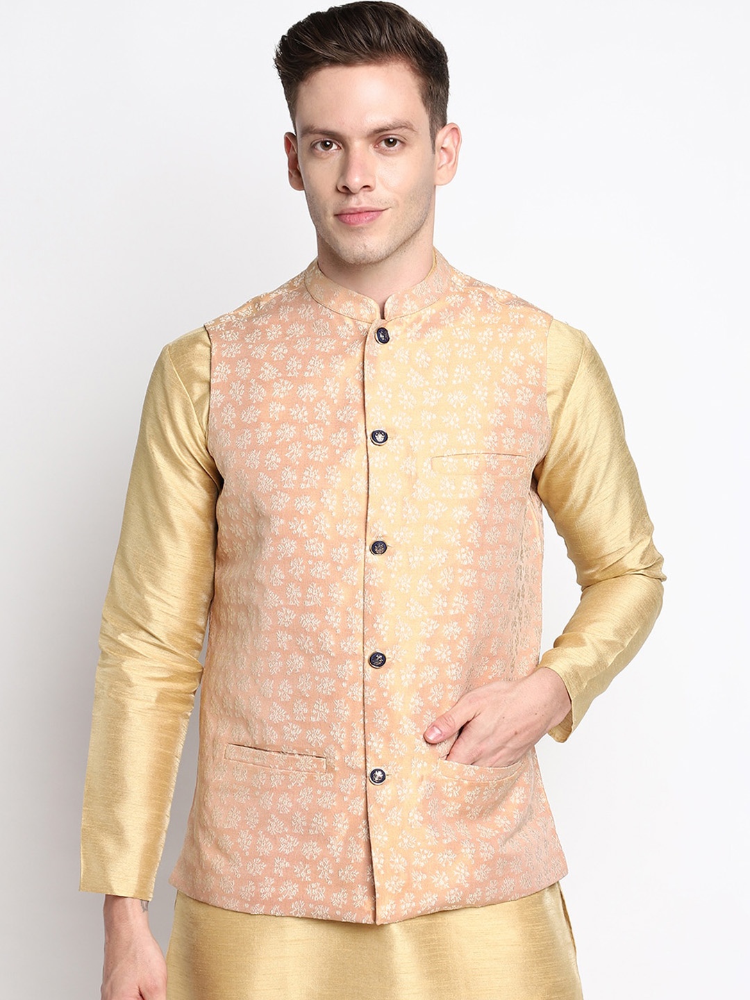 

DEVOILER Men Peach Coloured Embroidered Woven Nehru Jackets