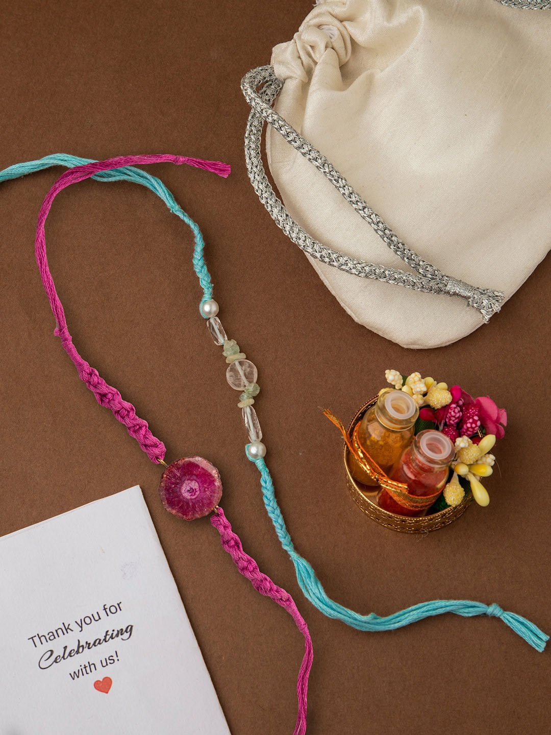 

DEEBACO Set Of 2 Blue & Pink Healing Stone-Studded Rakhi With Rolichawal, Multi