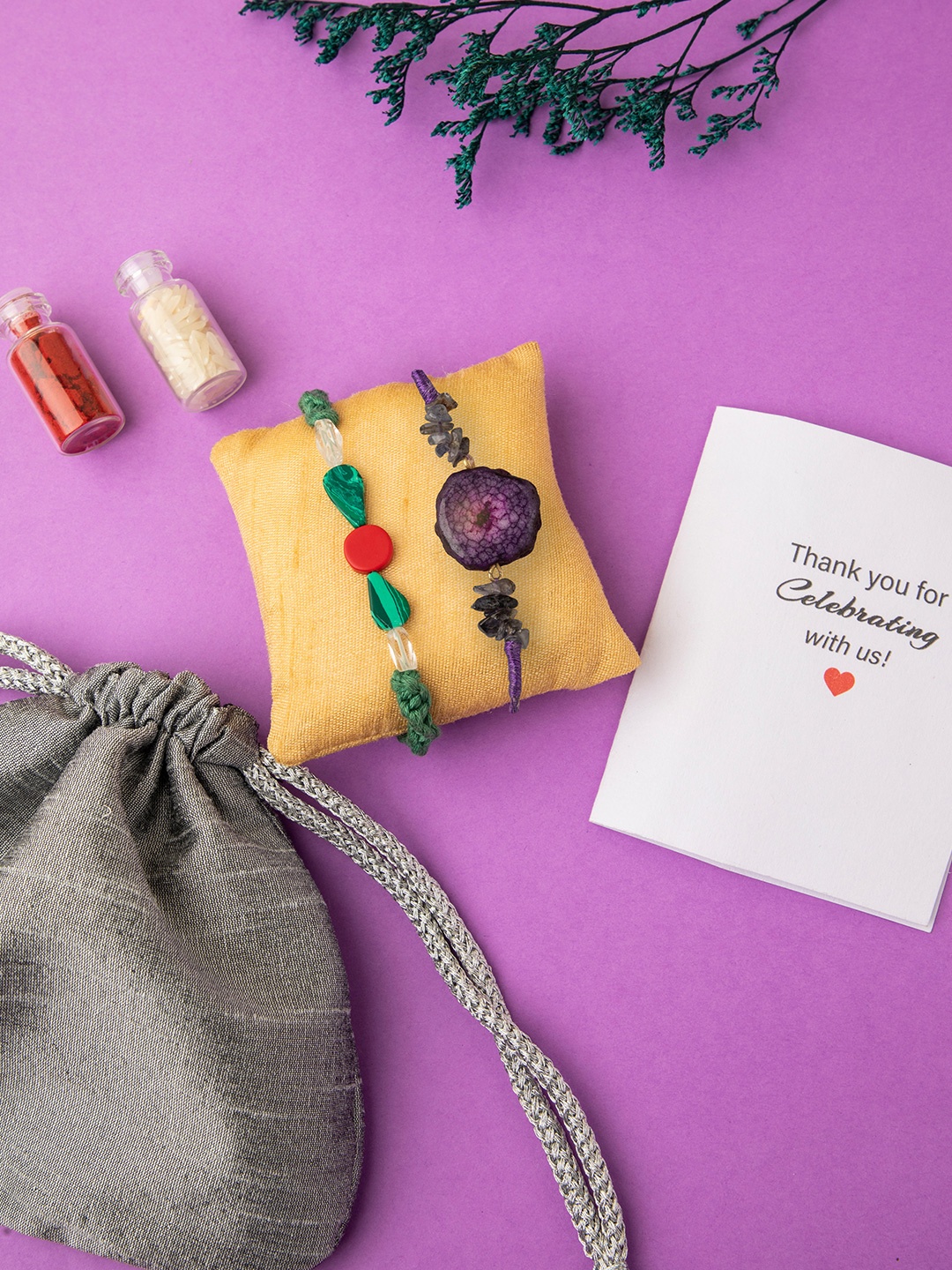 

DEEBACO Purple Coral Healing & Agate Stone Studded Rakhi with Roli Chawal
