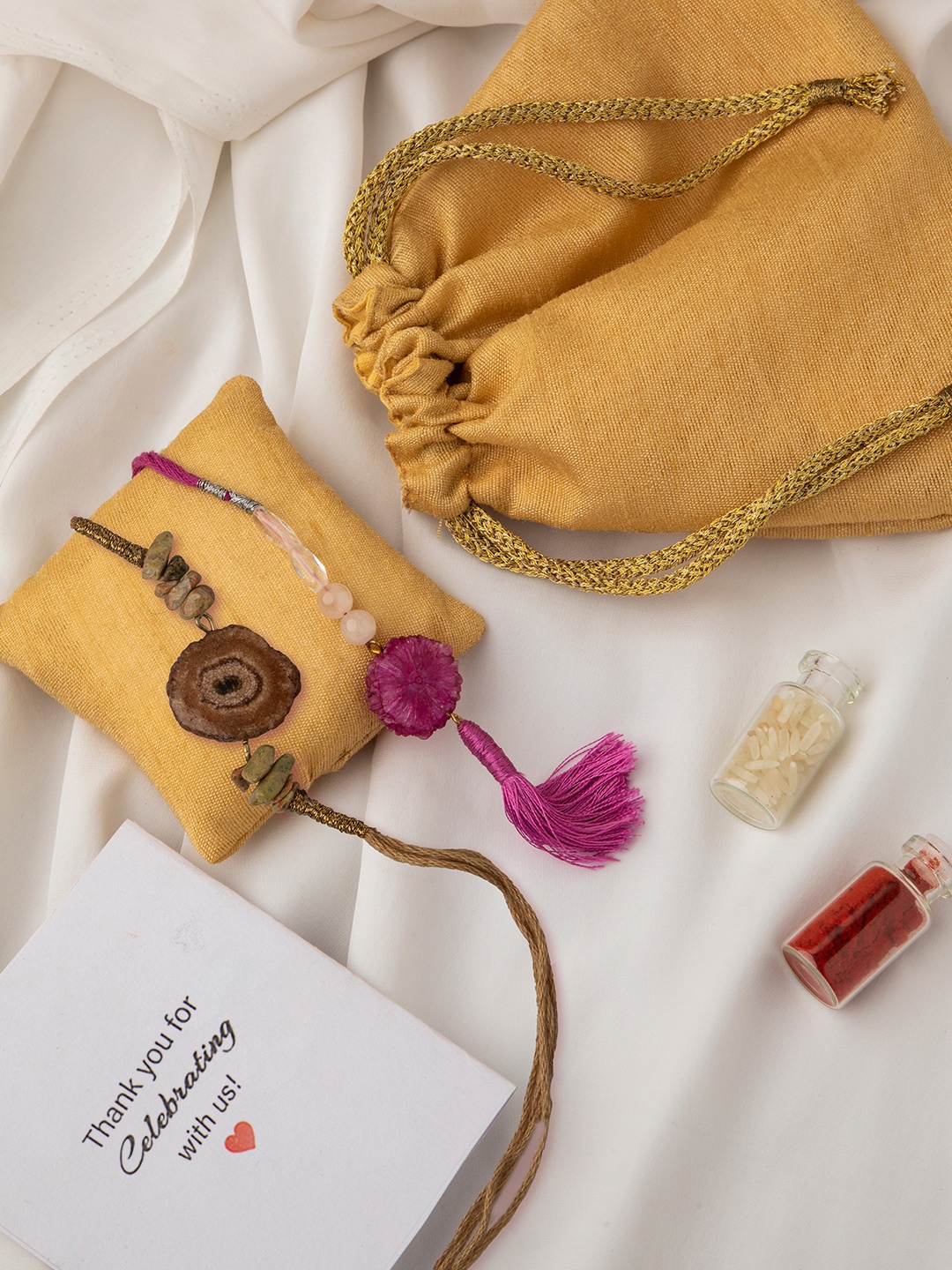 

DEEBACO Brown & Pink Agate & Unakite Healing Stone Lumba Thread Rakhi