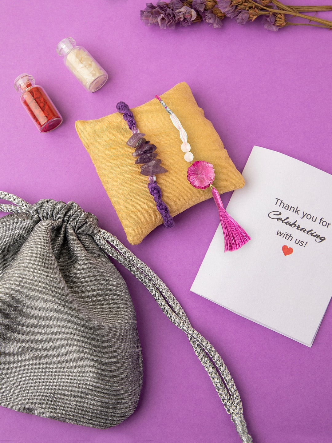 

DEEBACO Purple & White Set of 2 Lumba with Roli Chawal & Greetings Card