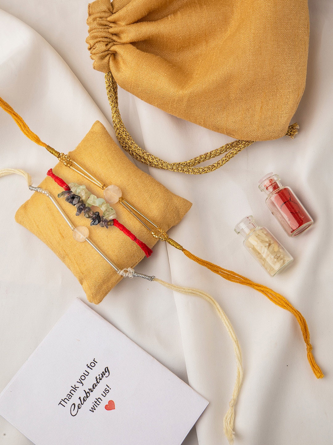 

DEEBACO Red & Yellow Stone Studded Bhaiya Bhabhi Rakhi with Roli Chawal & Card