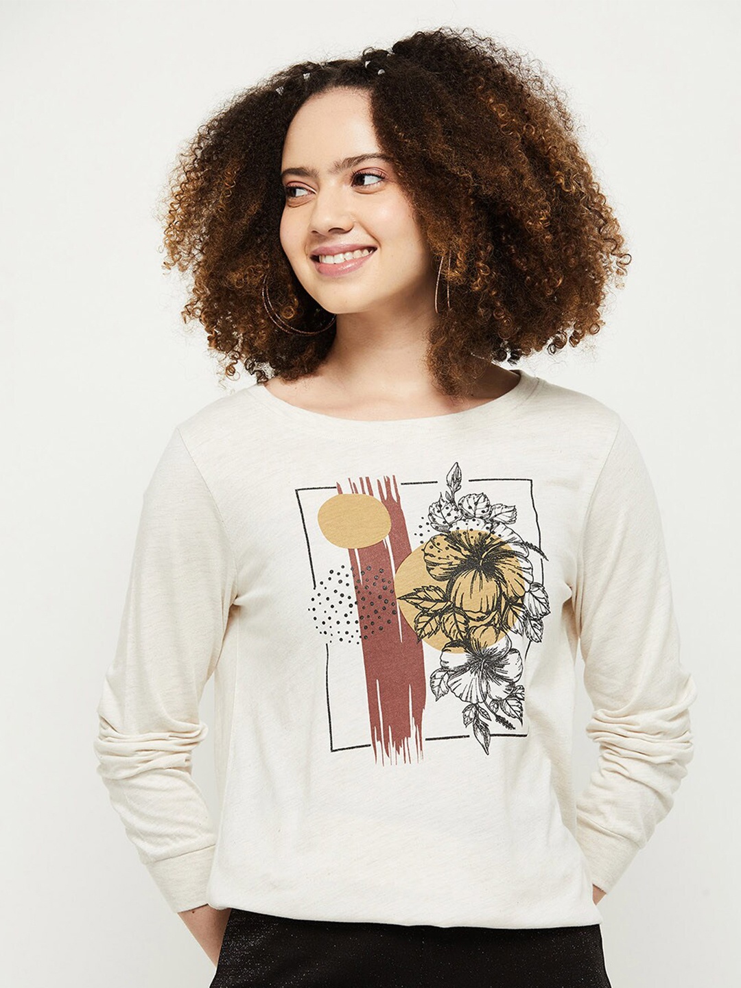 

max Women Cream-Coloured Printed T-shirt
