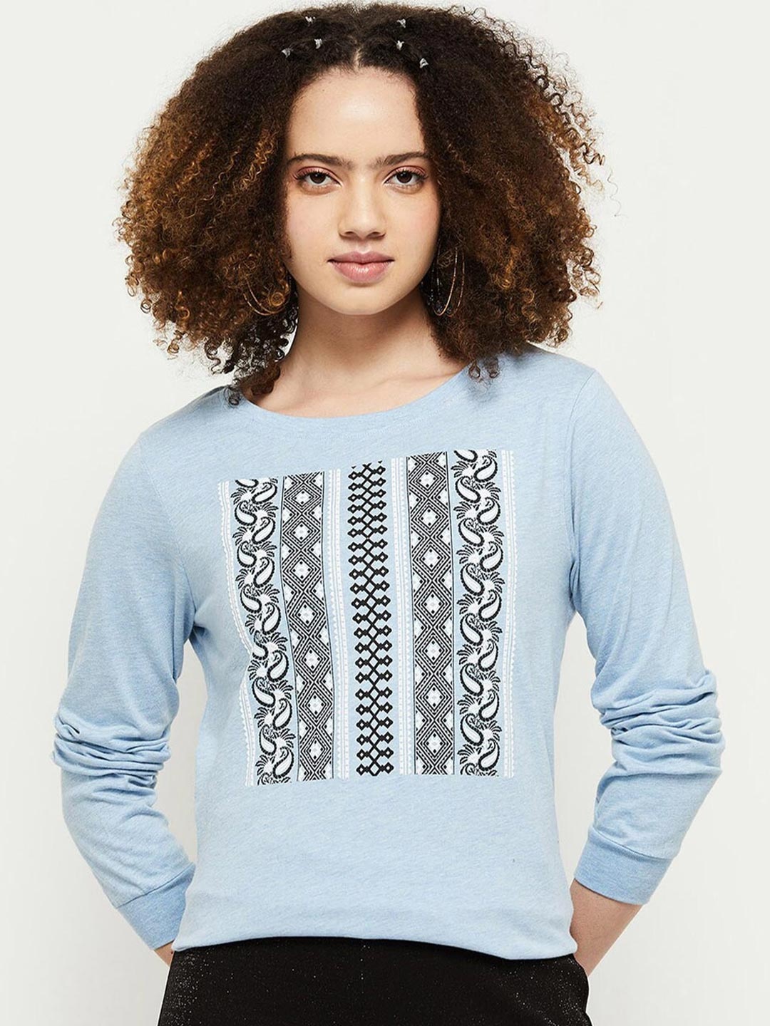 

max Women Blue Tribal Raw Edge T-shirt