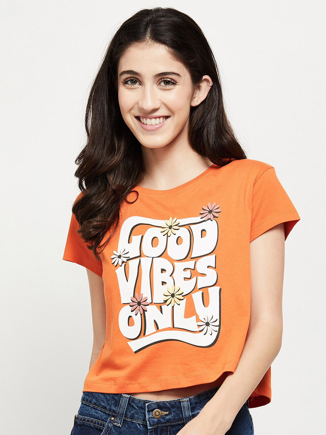 

max Women Orange Typography Printed T-shirt