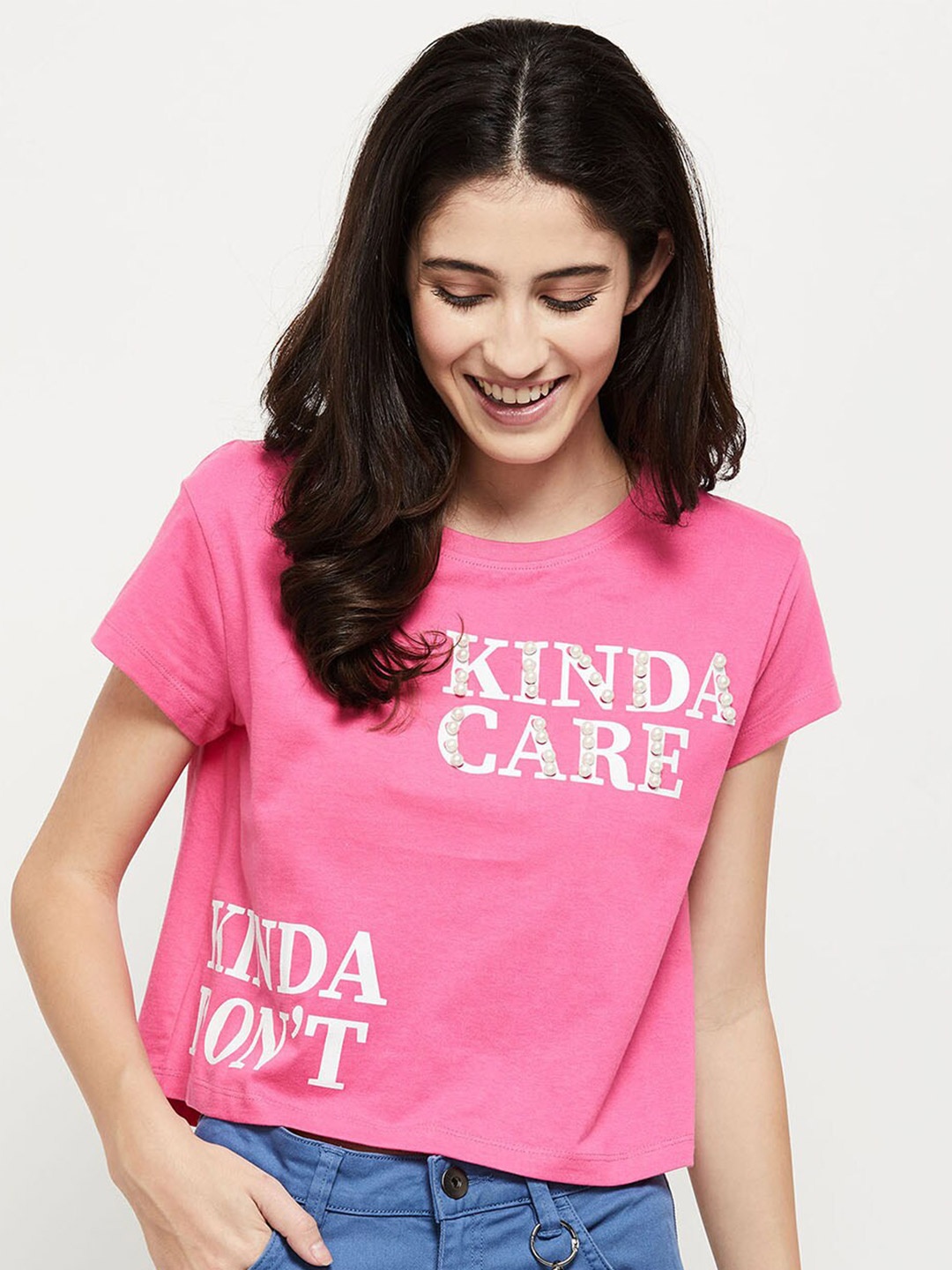 

max Women Pink Typography Printed T-shirt
