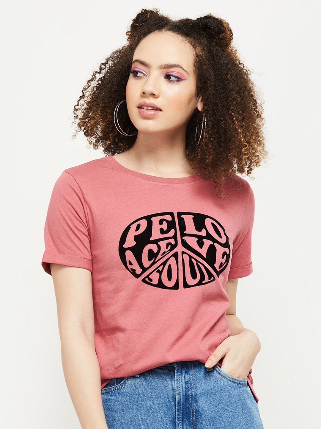 

max Women Pink Typography Printed T-shirt