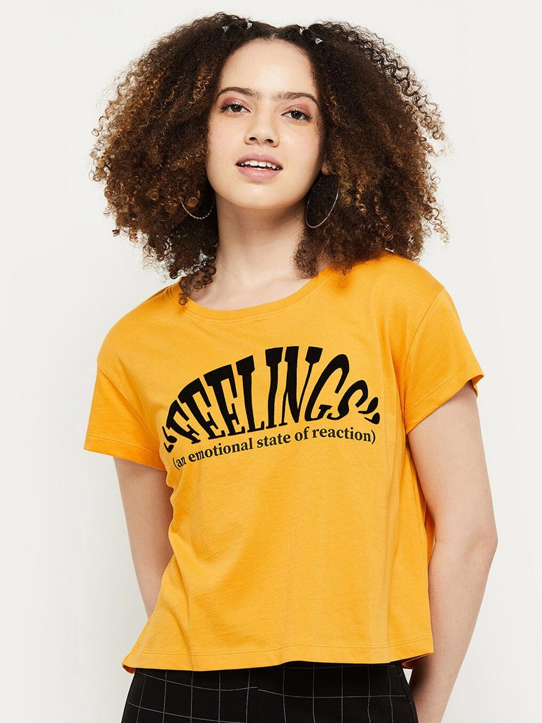 

max Women Yellow Typography Printed Applique T-shirt