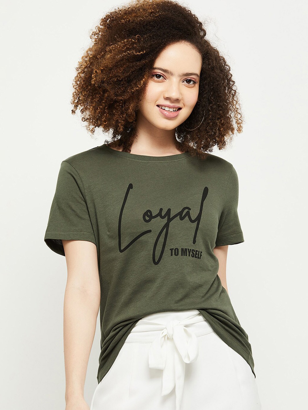 

max Women Green Typography Printed Raw Edge T-shirt
