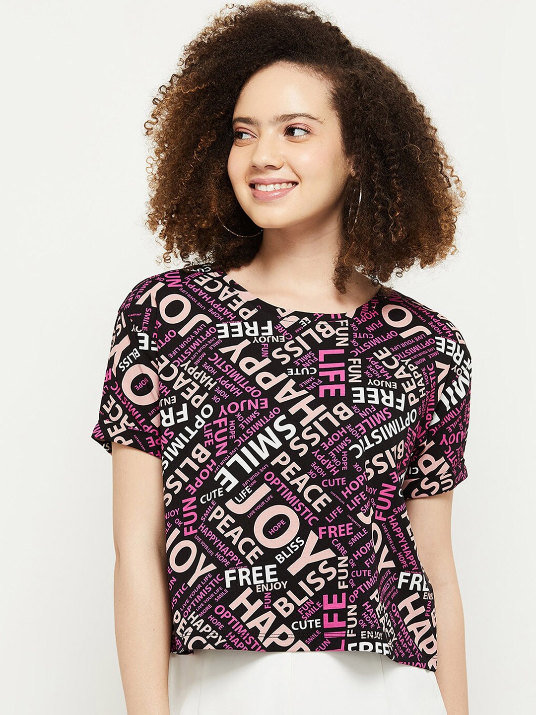 

max Women Black & Pink Typography Printed Pure Cotton T-shirt