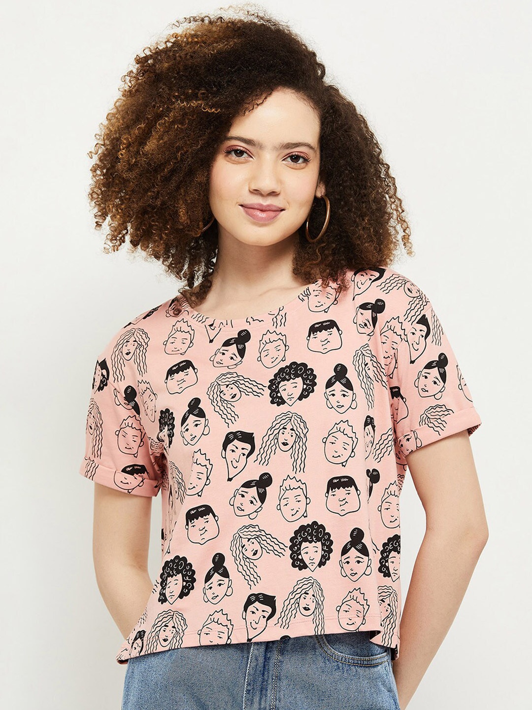 

max Women Peach-Coloured Printed Mandarin Collar T-shirt