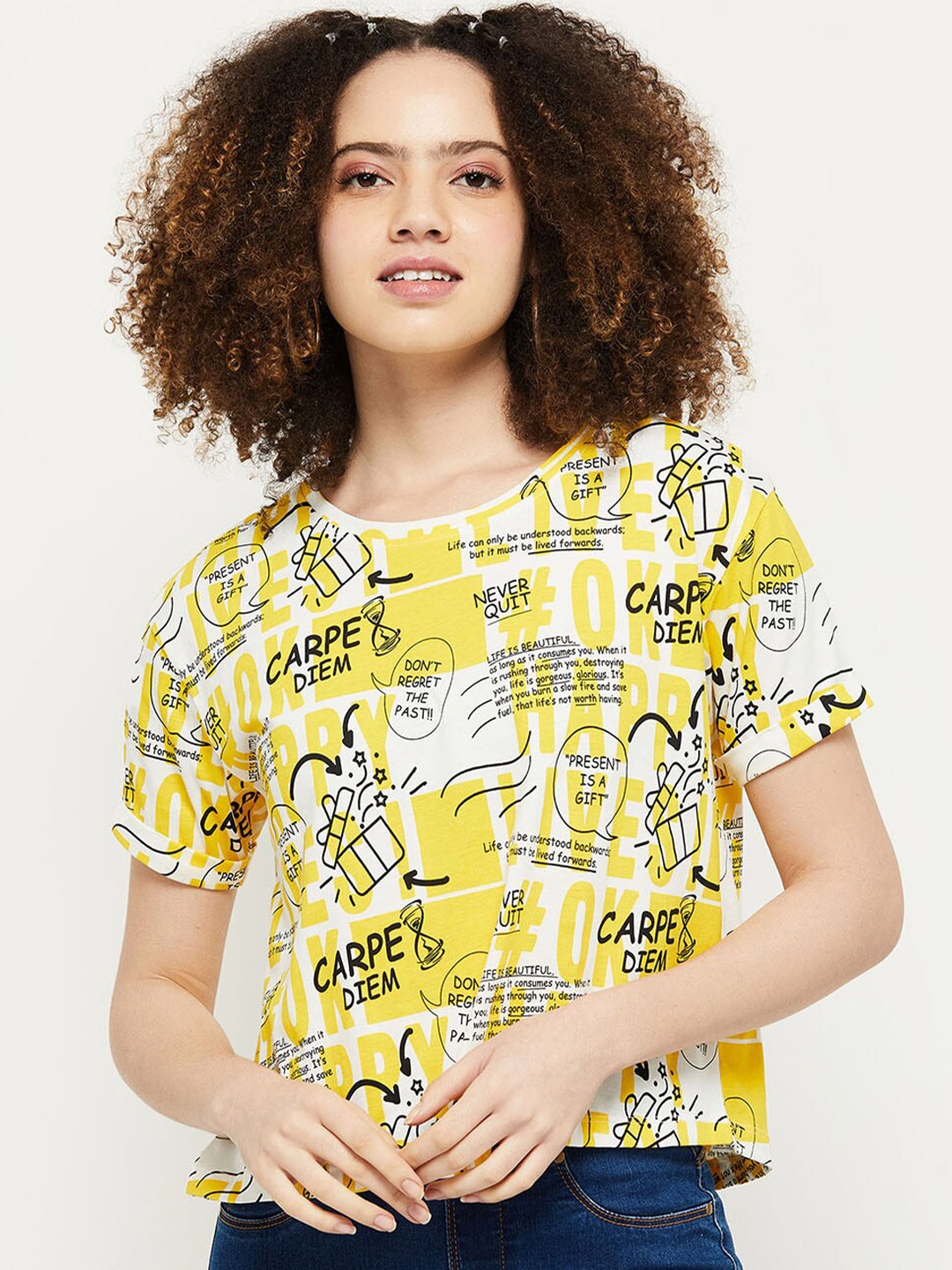 

max Women Yellow & White Printed Pure Cotton T-shirt
