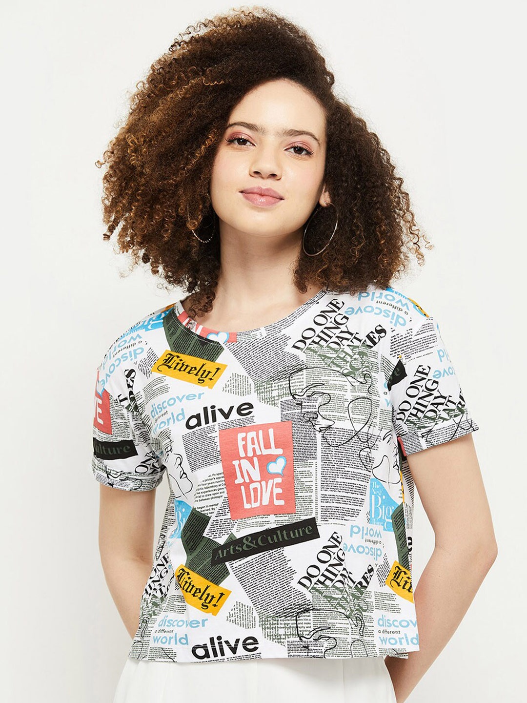 

max Women White Printed Extended Sleeves T-shirt