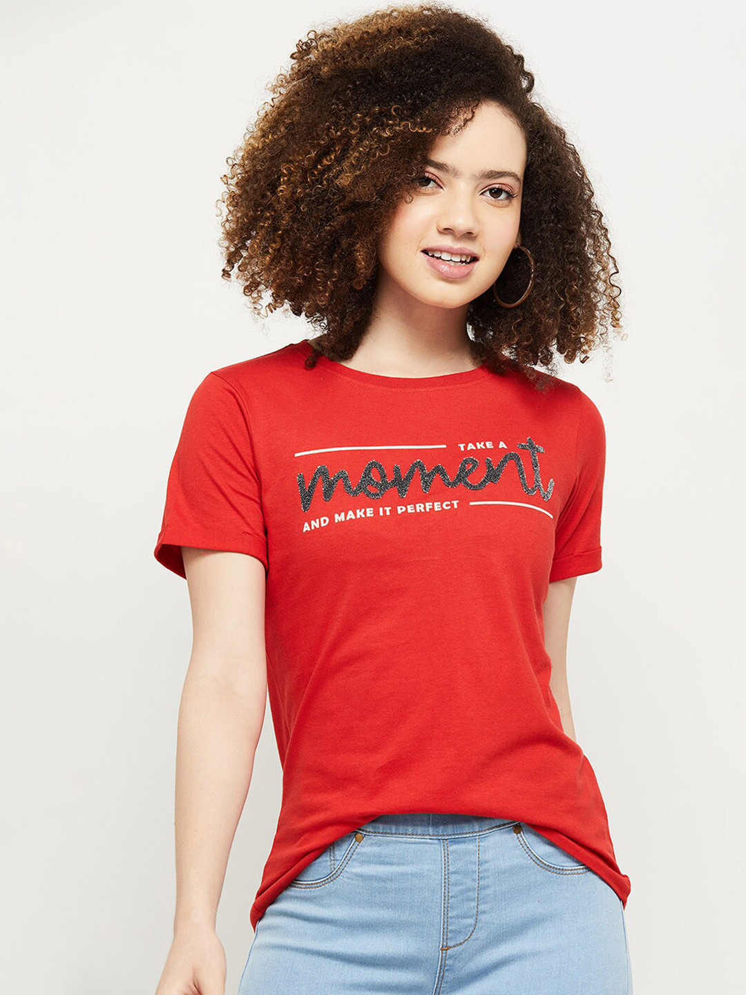 

max Women Red Typography T-shirt