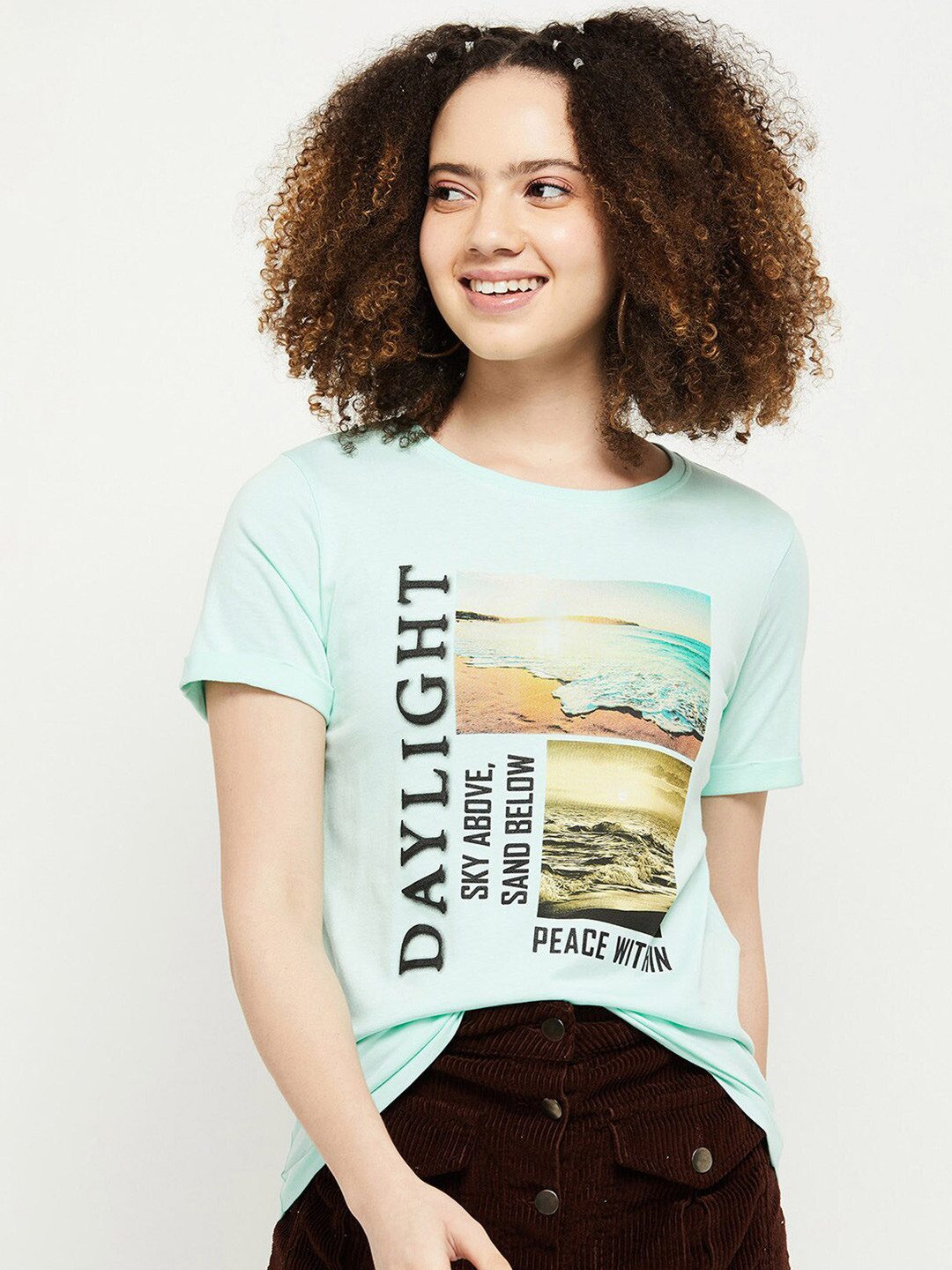 

max Women Blue Printed Applique T-shirt