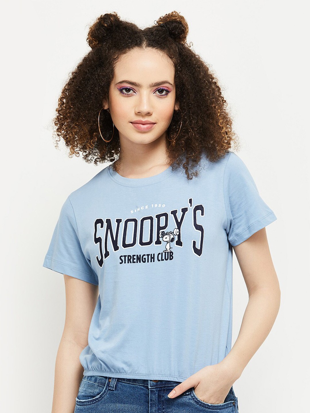 

max Women Blue Typography Printed Applique T-shirt