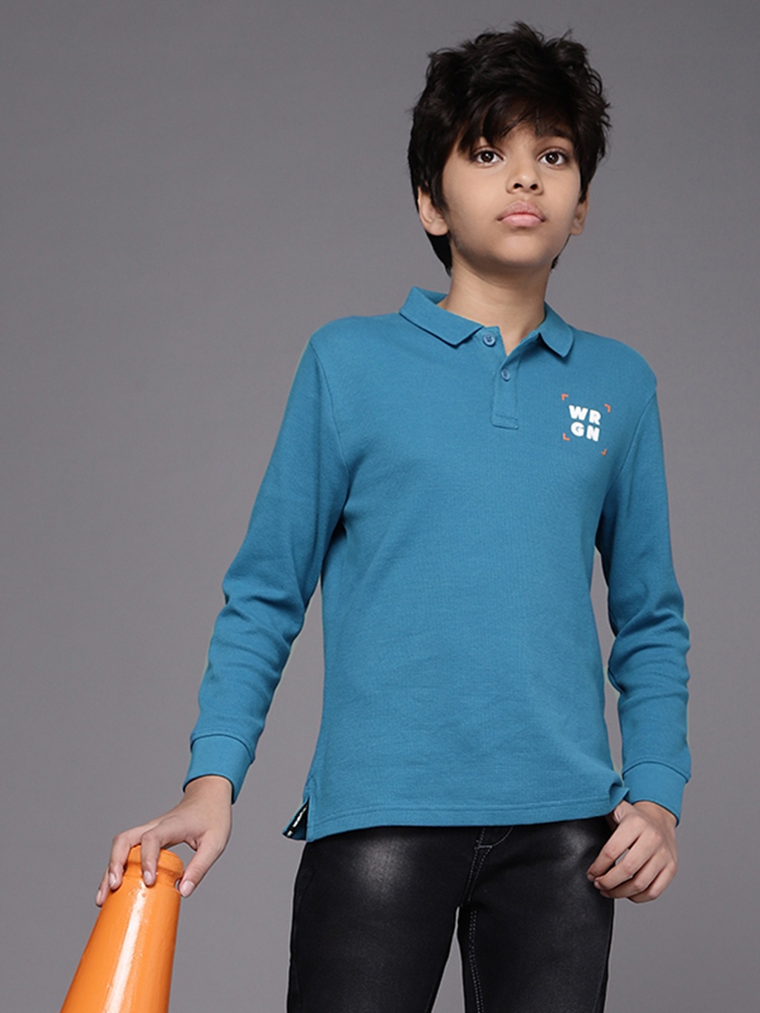 

WROGN YOUTH Boys Blue Brand Logo Placement Print Polo Collar Pure Cotton Slim Fit T-shirt