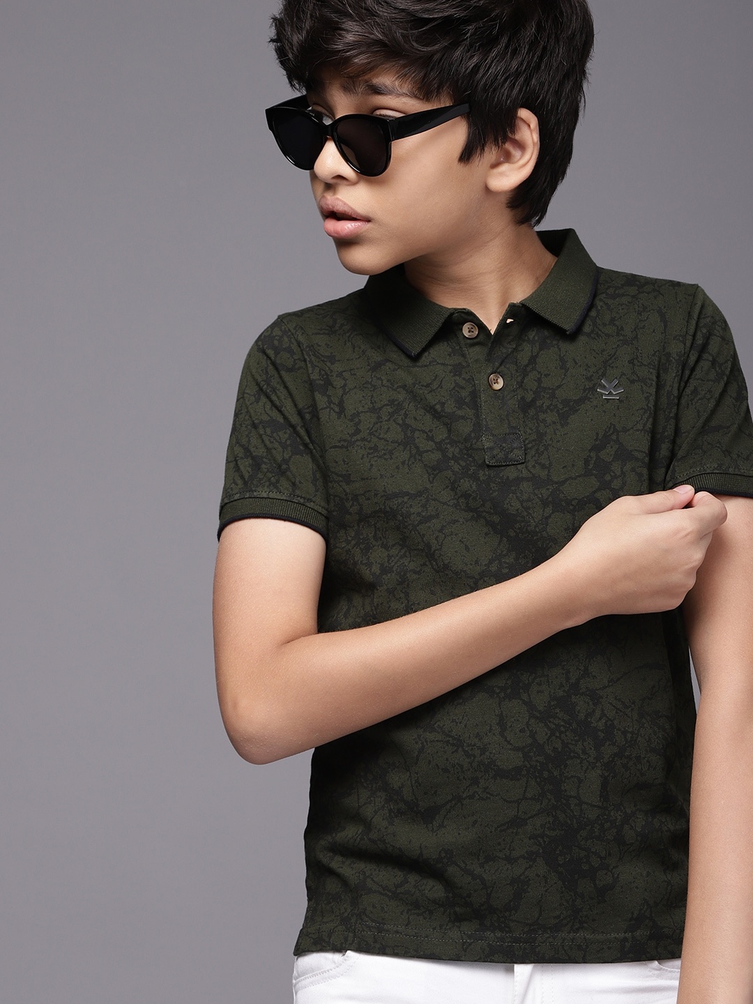 

WROGN YOUTH Boys Olive Green Printed Polo Collar Pure Cotton T-shirt