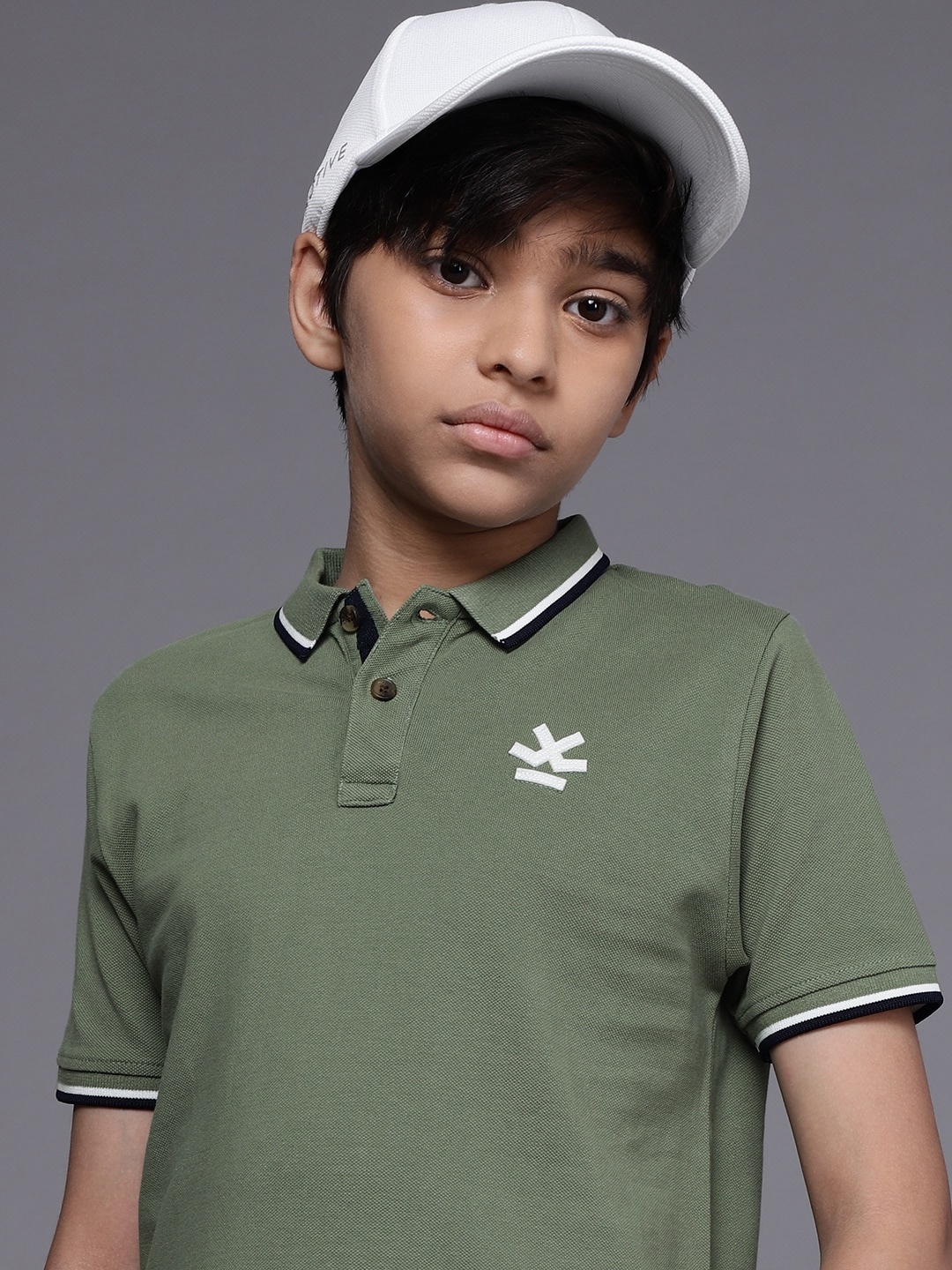 

WROGN YOUTH Boys Olive Green Pure Cotton Polo Collar T-shirt