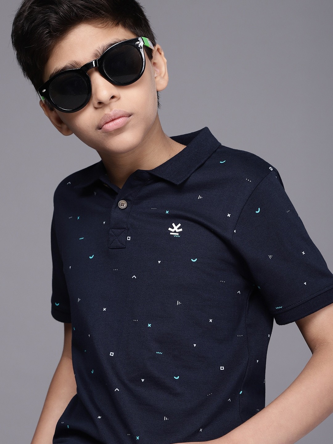 

WROGN YOUTH Boys Navy Blue Geometric Printed Pure Cotton T-shirt