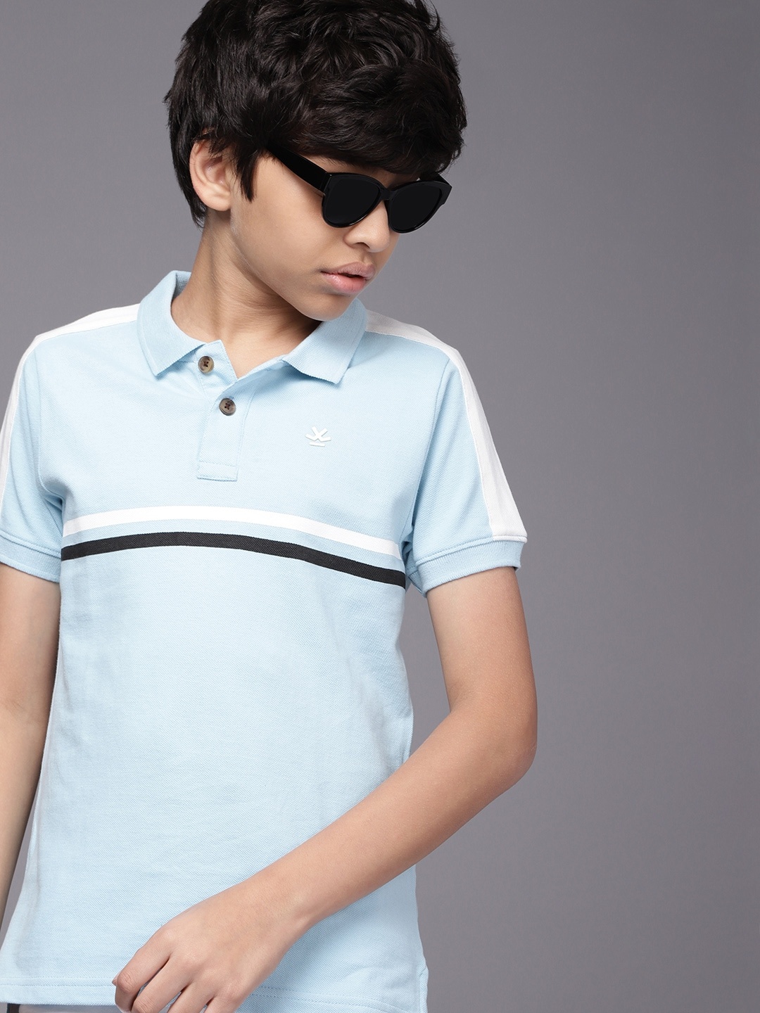 

WROGN YOUTH Boys Blue Striped Polo Collar Pure Cotton Slim Fit T-shirt