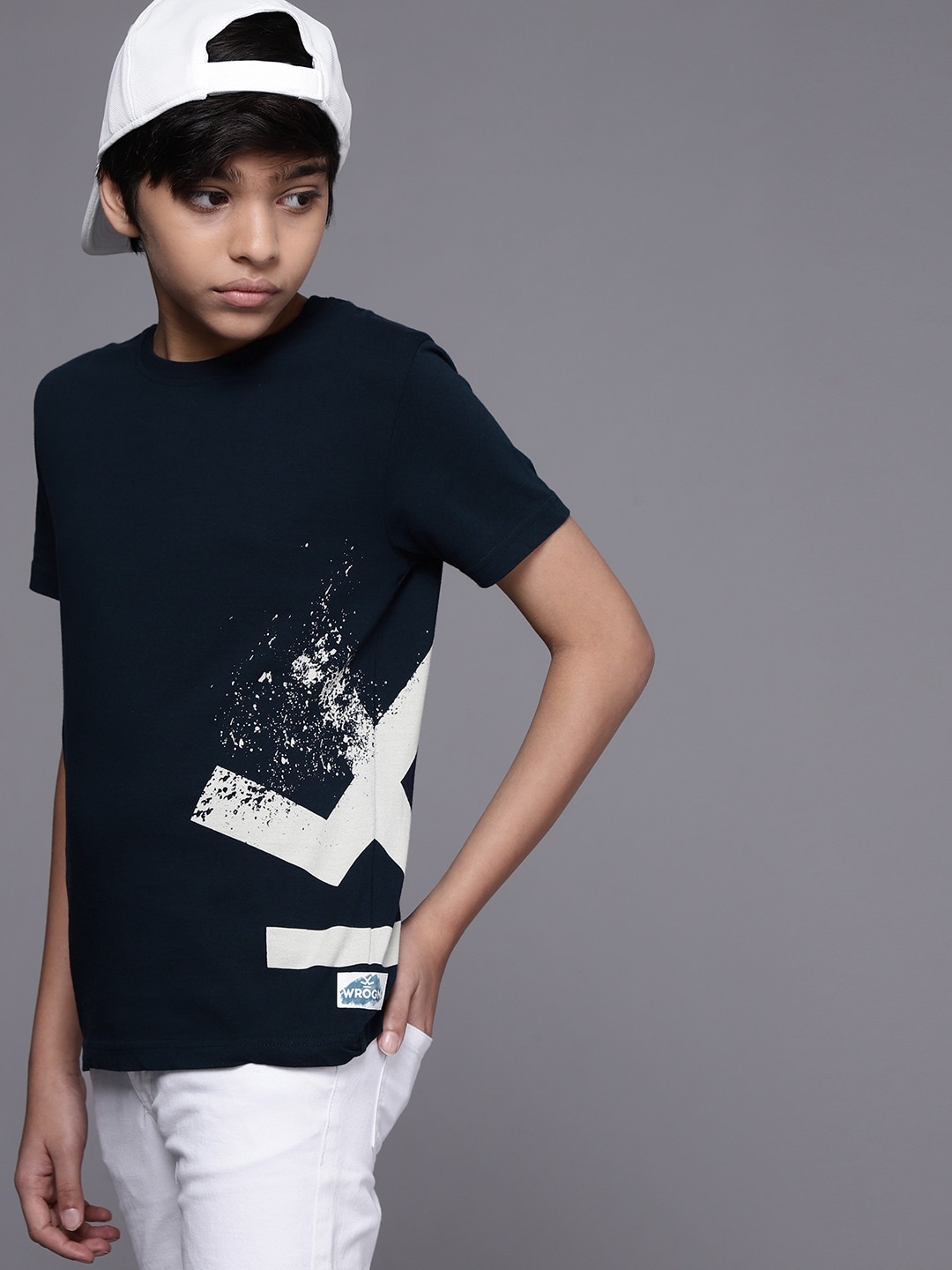 

WROGN YOUTH Boys Navy Blue Printed Pure Cotton T-shirt